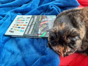 A calico cat sleeping on a copy of the book Managing Previously Unmanaged Collections