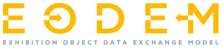 Logo of the Exhibition Object Data Exchange Model, yellow letters EODEM with an arrow pointing from the E through the O and another coming from the M