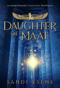 Cover of the fiction book Daughter of Maat. it is blue and shows the columns to a temple. In the middle is a blinding light. 