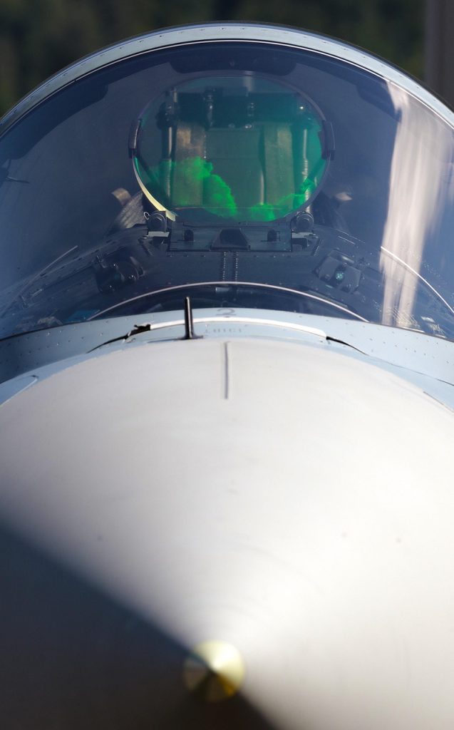 A fighter jet seen from the front. Through the windshield you see the pilot's seat but because of a circular optical device between the viewer and the seat there is a reflection that looks as if there is a globe filled with green clouds inside.  
Photo by Andreas Glöckner via Pixabay 